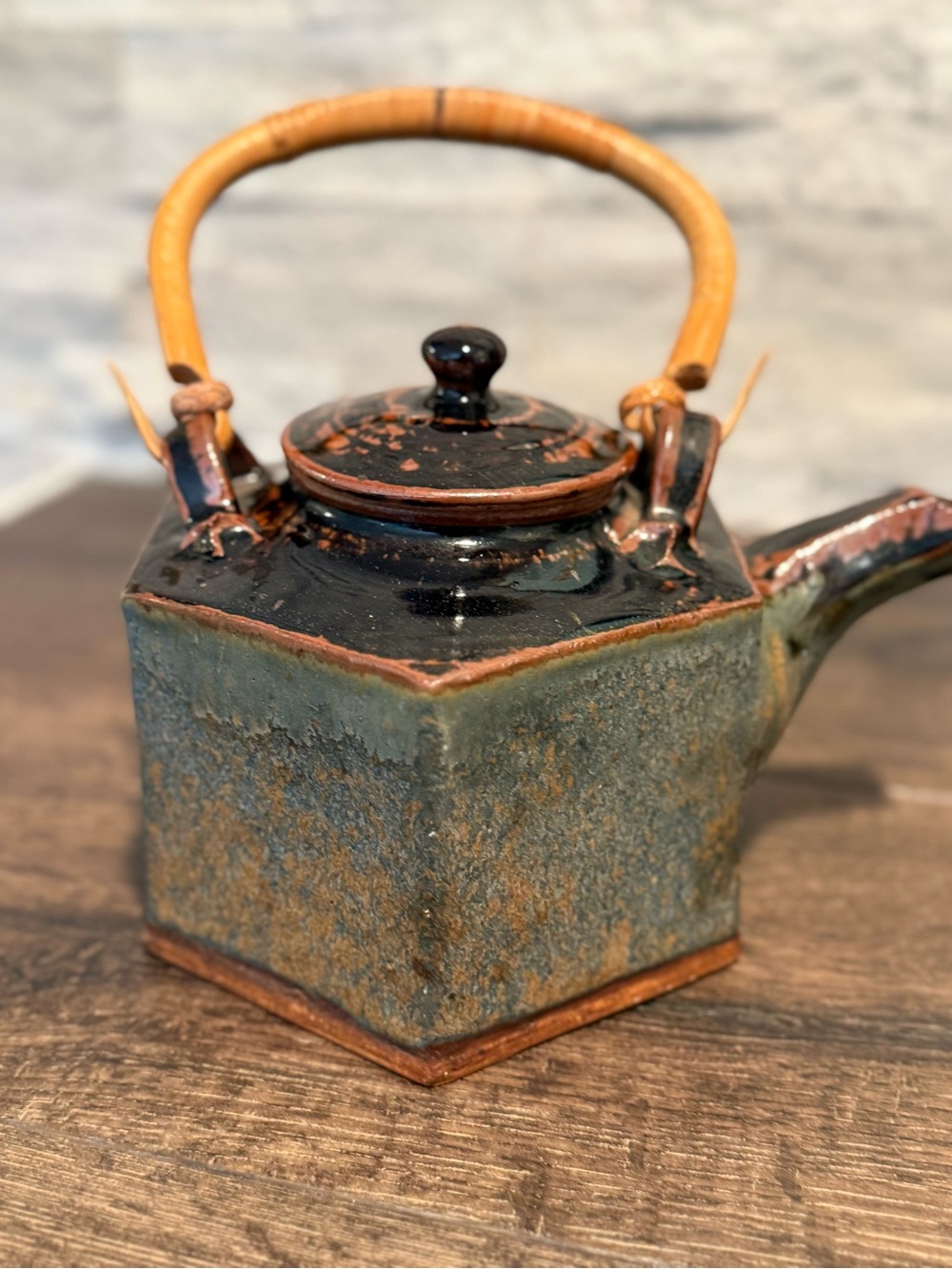 Vintage handmade hexagon studio art teapot bamboo handle excellent condition